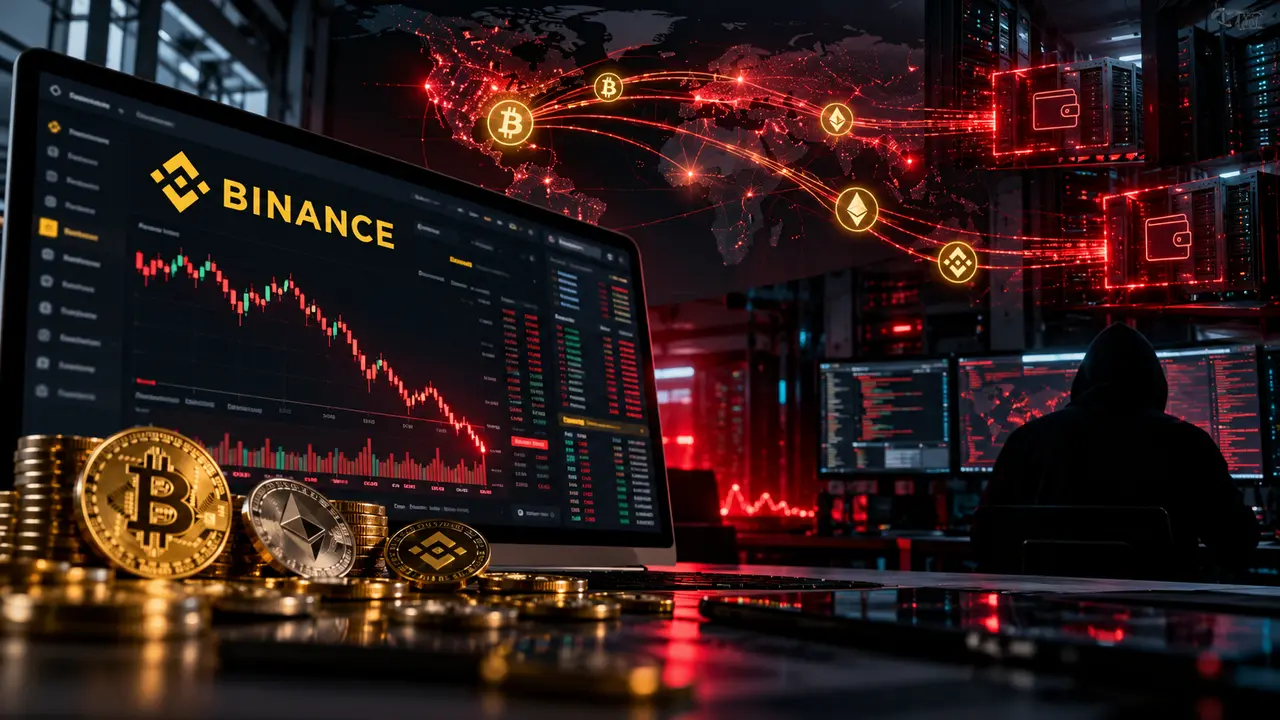 Illustration du piratage de Binance en octobre 2026, montrant le logo jaune de la plateforme de cryptomonnaies sur un écran de trading, des graphiques financiers en baisse, des transferts de Bitcoin et Ethereum et un pirate informatique devant des serveurs éclairés en rouge, symbolisant la cyberattaque estimée à 6,3 milliards de dollars.