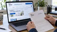 Illustration d’un contribuable tenant un courrier des Finances publiques devant un ordinateur affichant une représentation du site impots.gouv.fr, avec les signes visuels de la République française, pour accompagner les informations sur le vol de données fiscales et la prévention des faux messages.