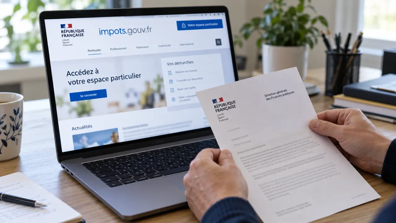 Illustration d’un contribuable tenant un courrier des Finances publiques devant un ordinateur affichant une représentation du site impots.gouv.fr, avec les signes visuels de la République française, pour accompagner les informations sur le vol de données fiscales et la prévention des faux messages.