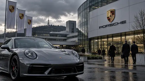 Porsche devant un site du constructeur en Allemagne alors que la marque pourrait supprimer 4 100 postes supplémentaires dans le cadre de sa restructuration