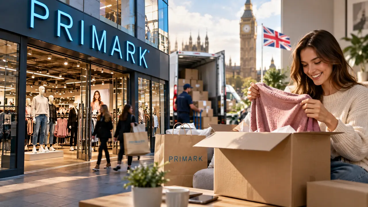 Magasin Primark et cliente ouvrant un colis de vêtements à domicile au Royaume-Uni, illustrant le lancement de la livraison à domicile et le virage de Primark vers l’e-commerce.