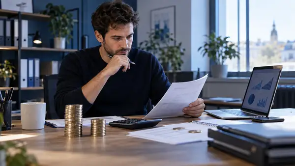 Entrepreneur indépendant analysant des factures et des graphiques financiers devant son ordinateur, avec deux piles de pièces symbolisant l’écart entre chiffre d’affaires et revenu net.