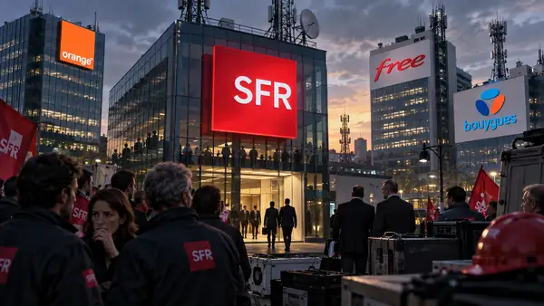 Siège de SFR au centre d’une scène représentant le projet de rachat de l’opérateur par Orange, Free et Bouygues Telecom, avec les logos des quatre groupes, des infrastructures télécoms et des salariés de SFR réunis devant le bâtiment sur fond de tensions sociales.