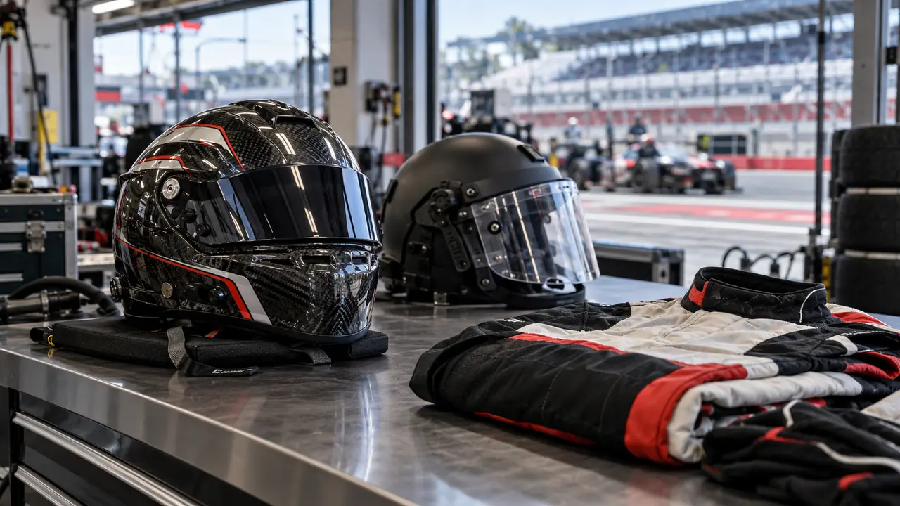 Un casque de pilote automobile, un casque de protection et une combinaison de course dans un atelier donnant sur un circuit, illustration des activités de Racing Force Group en 2026