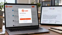 Illustration réaliste d’un ordinateur portable affichant Reddit avec une fenêtre de connexion au premier plan, à côté d’un second écran présentant une recherche Google et une réponse générée par IA. Les logos des deux plateformes sont visibles, illustrant le projet de Reddit de réserver davantage de contenus aux utilisateurs connectés face à la baisse du trafic attribuée par son dirigeant à l’IA de Google.