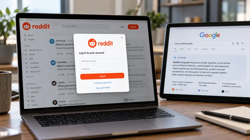 Illustration réaliste d’un ordinateur portable affichant Reddit avec une fenêtre de connexion au premier plan, à côté d’un second écran présentant une recherche Google et une réponse générée par IA. Les logos des deux plateformes sont visibles, illustrant le projet de Reddit de réserver davantage de contenus aux utilisateurs connectés face à la baisse du trafic attribuée par son dirigeant à l’IA de Google.