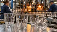 Illustration réaliste montrant plusieurs verres à facettes Duralex sur une table de contrôle industriel, dont un verre couché laissant apparaître le marquage de la marque sur son fond. À l’arrière-plan, deux opérateurs équipés de protections surveillent une ligne de fabrication de verrerie, illustrant l’activité industrielle au cœur de la reprise de Duralex par Cédric Meston.