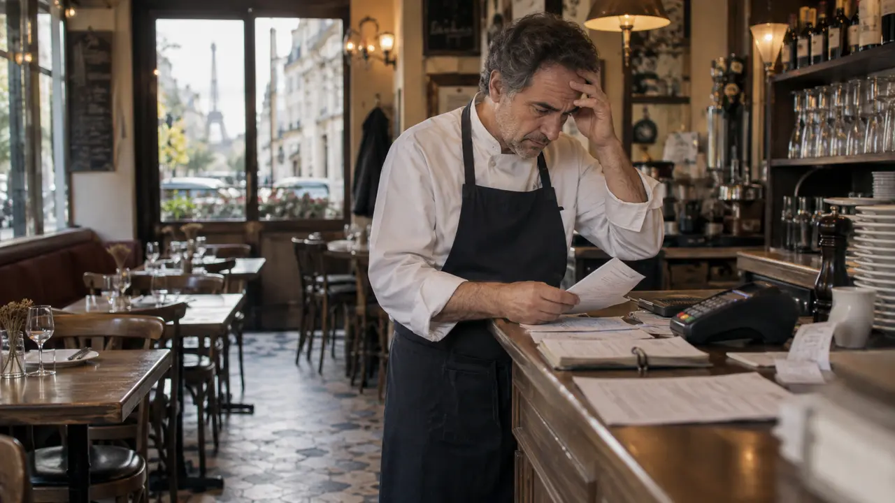 Restaurateur français inquiet devant ses factures dans un restaurant vide, illustrant la hausse des faillites et défaillances de restaurants en France en 2026