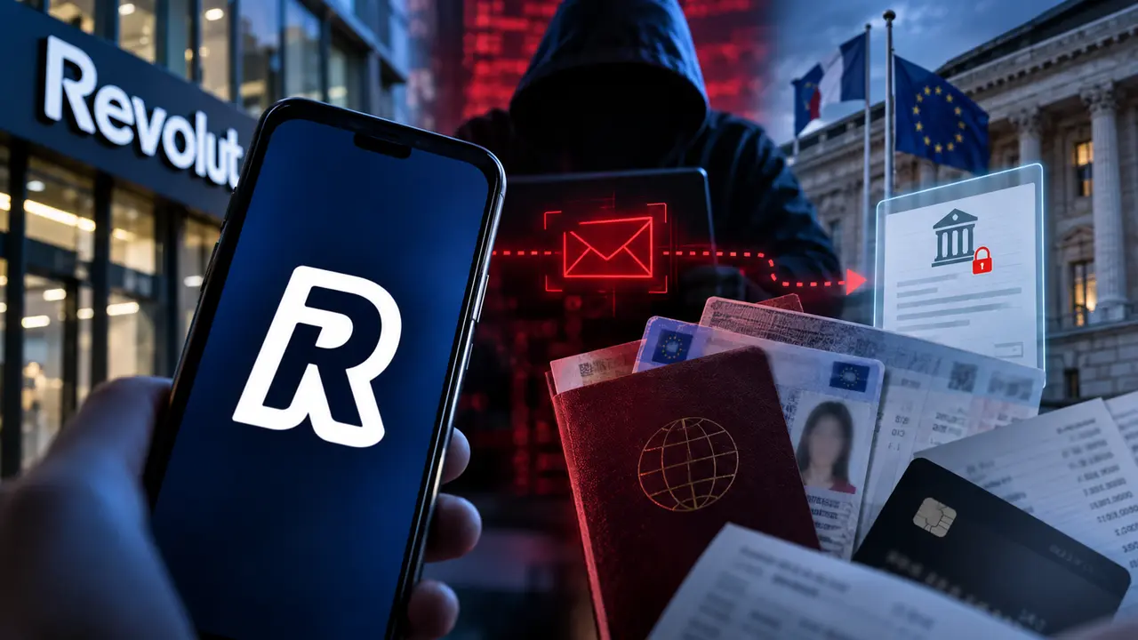 Illustration de la fuite de données chez Revolut ayant concerné environ 680 clients, après l’envoi d’informations personnelles et financières à des fraudeurs utilisant une adresse issue d’un domaine gouvernemental légitime.