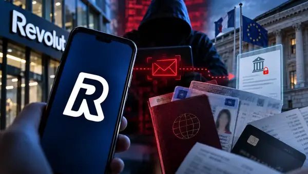 Illustration de la fuite de données chez Revolut ayant concerné environ 680 clients, après l’envoi d’informations personnelles et financières à des fraudeurs utilisant une adresse issue d’un domaine gouvernemental légitime.