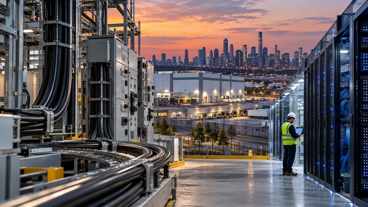 Infrastructure électrique et data center aux États-Unis illustrant le rachat de GCG par Rexel pour 1,4 milliard de dollars, avec câbles industriels, équipements de distribution électrique, serveurs et technicien dans un centre de données.