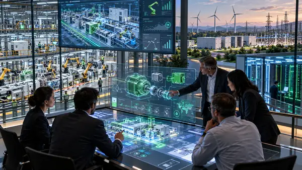 Ingénieurs et dirigeants analysant des logiciels industriels, des données et des équipements automatisés dans une usine connectée, illustration de la stratégie de Schneider Electric après le rachat de PTC.
