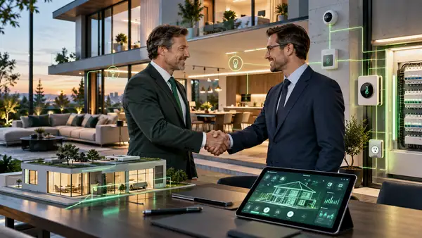 Deux dirigeants se serrent la main dans une maison intelligente équipée de systèmes connectés et de gestion énergétique, illustration du projet de rachat de Shelly Group par Schneider Electric pour 1,2 milliard d’euros.