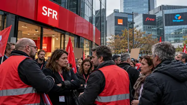 Salariés de SFR rassemblés lors d’un mouvement de grève devant un site de l’opérateur, sur fond de logos Orange, Free et Bouygues Telecom, alors que le projet de vente de SFR pour 20,35 milliards d’euros soulève des inquiétudes sur l’emploi et le transfert des salariés.