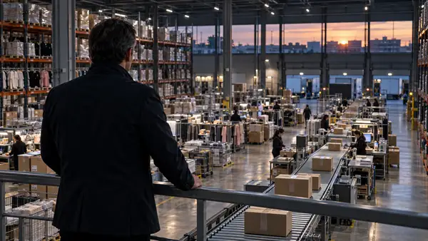 Vue d’un entrepôt de commerce en ligne au crépuscule : un responsable observe depuis une mezzanine les postes de préparation, les vêtements et les colis sur un convoyeur. Illustration de l’activité logistique évoquée dans l’article sur les résultats semestriels 2026 et la trésorerie de Showroomprivé.