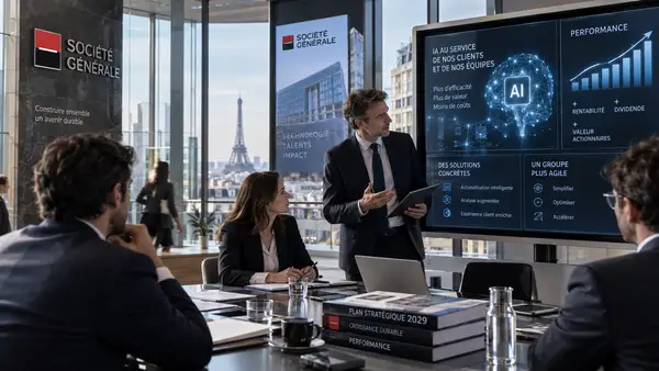 Réunion stratégique de Société Générale à Paris autour de son plan 2029, avec des écrans représentant l’intelligence artificielle, la réduction des coûts, la rentabilité et la valeur pour les actionnaires.