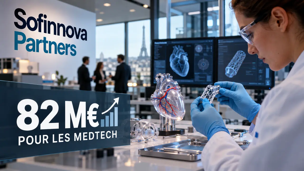 Illustration de Sofinnova Partners et de son fonds MD Start IV de 82 millions d’euros destiné à la création et au financement de nouvelles entreprises medtech, avec une chercheuse travaillant sur un dispositif médical cardiovasculaire.