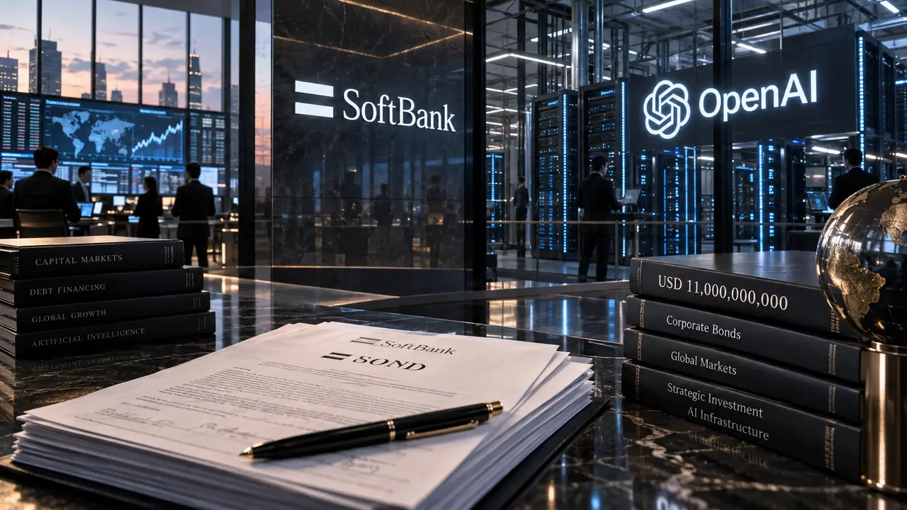 Illustration de SoftBank et OpenAI dans un environnement mêlant marchés financiers, obligations et data centers, représentant l’émission de plus de 11 milliards de dollars de dette lancée par SoftBank pour financer notamment son investissement dans OpenAI.