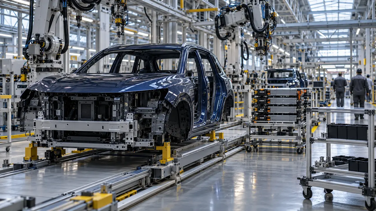 Illustration d’une chaîne d’assemblage automobile avec une carrosserie de SUV bleu foncé, des robots industriels à l’arrêt et des modules de batterie, accompagnant l’annonce des suspensions de production de Stellantis en France en octobre 2026.