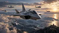 Illustration ultra réaliste du Système de combat aérien du futur (SCAF) montrant un avion de combat de nouvelle génération accompagné de plusieurs drones autonomes en vol au-dessus des nuages, symbolisant le futur avion de chasse français, le programme NGF, le combat collaboratif, l’intelligence artificielle militaire, les technologies de défense européennes et l’évolution du successeur du Rafale après les tensions entre Dassault Aviation, Airbus, la France, l’Allemagne et l’Espagne.