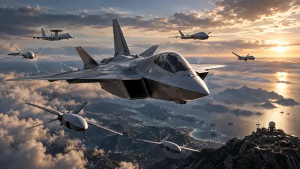 Illustration ultra réaliste du Système de combat aérien du futur (SCAF) montrant un avion de combat de nouvelle génération accompagné de plusieurs drones autonomes en vol au-dessus des nuages, symbolisant le futur avion de chasse français, le programme NGF, le combat collaboratif, l’intelligence artificielle militaire, les technologies de défense européennes et l’évolution du successeur du Rafale après les tensions entre Dassault Aviation, Airbus, la France, l’Allemagne et l’Espagne.