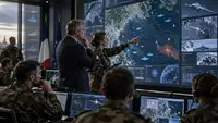 Centre de commandement militaire français utilisant des écrans tactiques et des outils d’intelligence artificielle, illustrant HexaForce de Thales face aux solutions militaires de Palantir.