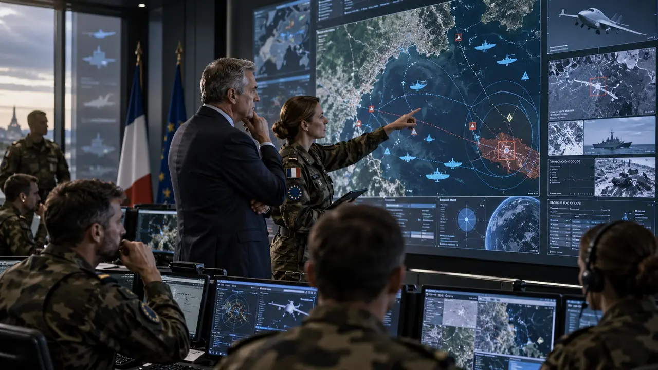 Centre de commandement militaire français utilisant des écrans tactiques et des outils d’intelligence artificielle, illustrant HexaForce de Thales face aux solutions militaires de Palantir.