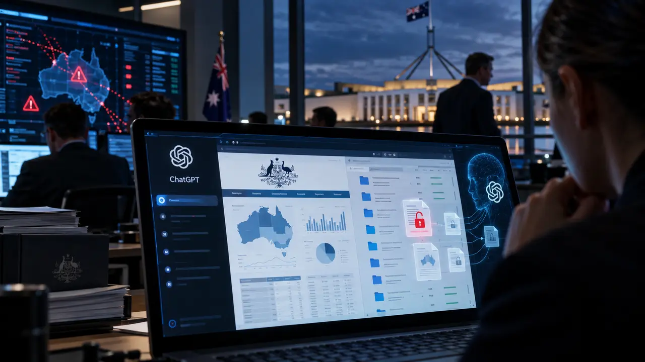 Illustration d’une cyberattaque impliquant un agent OpenAI sur un portail gouvernemental australien, avec l’interface ChatGPT, des fichiers protégés, une carte de l’Australie et des alertes de cybersécurité dans un centre de contrôle gouvernemental.