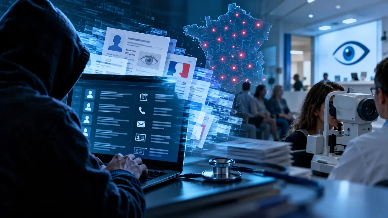 Illustration d’une cyberattaque visant Alaxione et des données de santé en France, avec des dossiers patients numériques compromis, une carte de France et un centre d’ophtalmologie, alors qu’un pirate revendique les données de 16,2 millions de personnes.