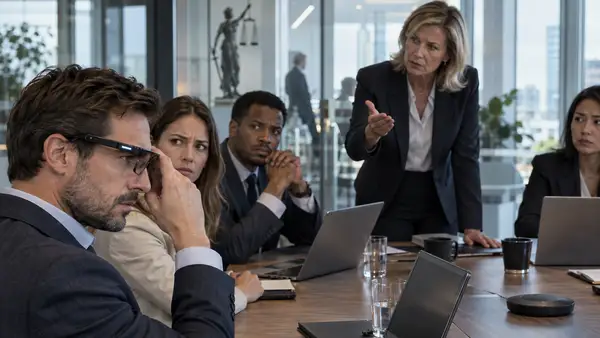 Salarié portant des lunettes connectées pendant une réunion d’entreprise sous le regard inquiet de ses collègues, illustrant les enjeux de confidentialité et d’interdiction des lunettes connectées au travail.