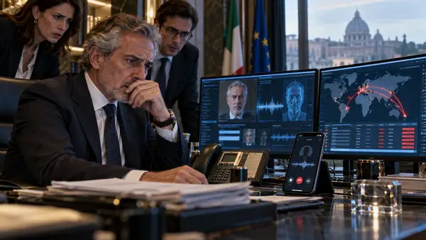 Illustration d’une fraude par intelligence artificielle visant une banque, avec un dirigeant face à un appel utilisant un deepfake vocal et des virements internationaux suspects, en référence aux 95 millions d’euros détournés chez Fideuram, filiale d’Intesa Sanpaolo.