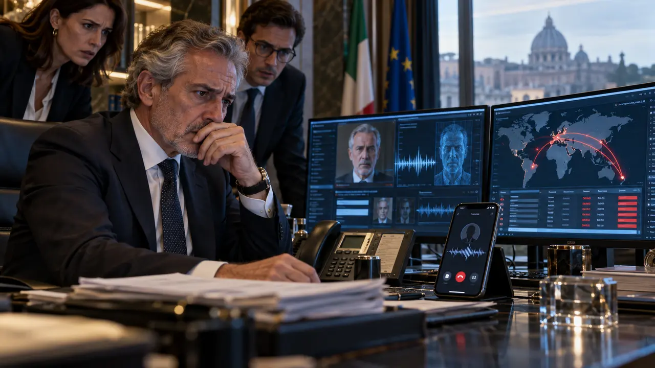 Illustration d’une fraude par intelligence artificielle visant une banque, avec un dirigeant face à un appel utilisant un deepfake vocal et des virements internationaux suspects, en référence aux 95 millions d’euros détournés chez Fideuram, filiale d’Intesa Sanpaolo.