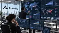 Illustration de l’intelligence artificielle prédictive développée par Mantic, avec des analystes observant des tableaux de bord de prévision, des cartes mondiales, des courbes probabilistes et des indicateurs de risques économiques et géopolitiques, après la performance de l’IA lors de la Metaculus Cup 2026.