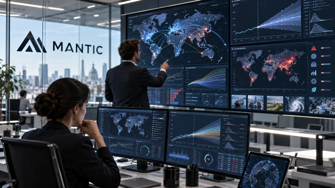 Illustration de l’intelligence artificielle prédictive développée par Mantic, avec des analystes observant des tableaux de bord de prévision, des cartes mondiales, des courbes probabilistes et des indicateurs de risques économiques et géopolitiques, après la performance de l’IA lors de la Metaculus Cup 2026.
