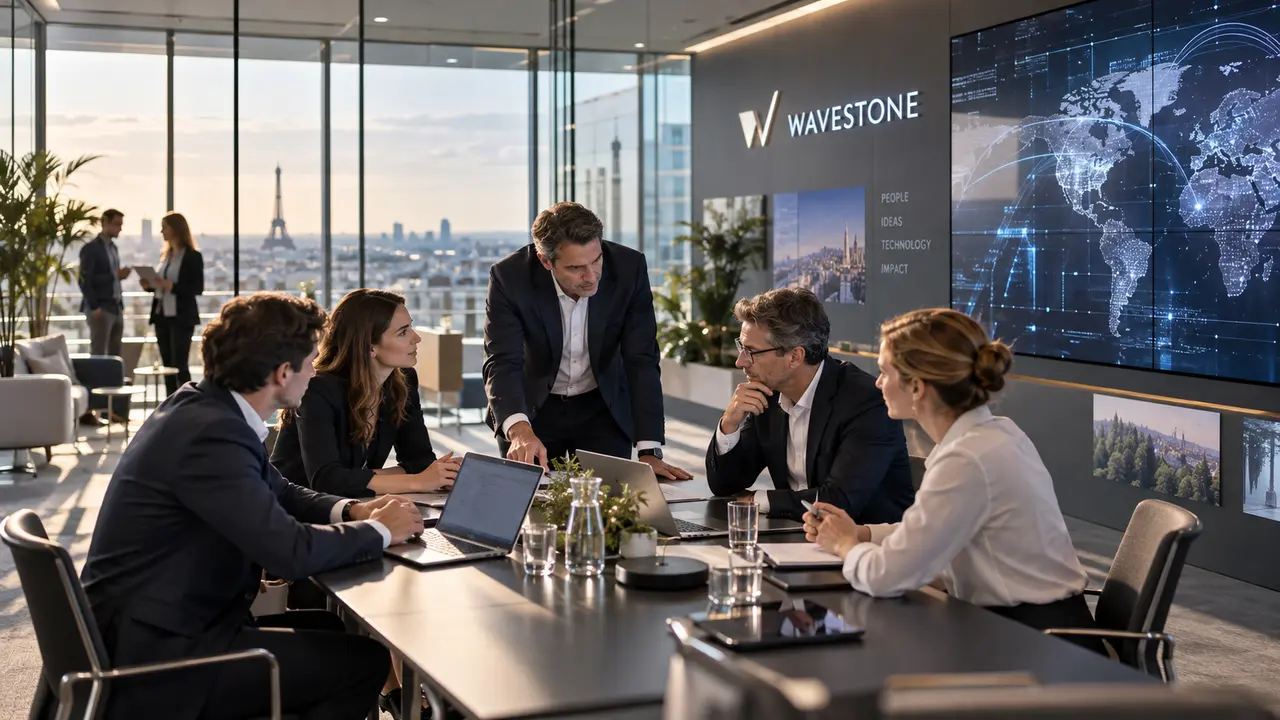 Illustration de Wavestone avec des consultants réunis dans un environnement professionnel consacré à la stratégie, à la transformation numérique et à l’intelligence artificielle, pour illustrer l’analyse du capital, des 41,76 millions de droits de vote et de la gouvernance du cabinet en 2026.