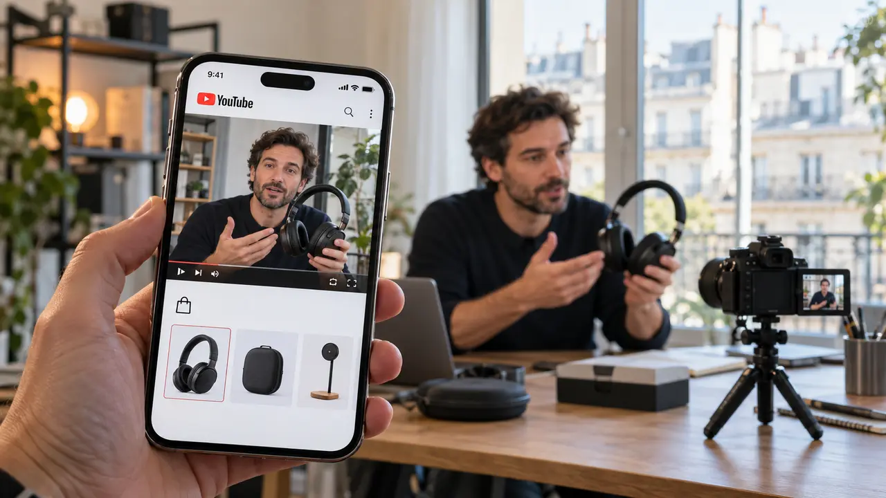 Un smartphone affiche une vidéo YouTube montrant un créateur qui présente un casque audio, avec une sélection de fiches produits sous le lecteur. À l’arrière-plan, le même créateur filme sa démonstration devant une caméra sur trépied, dans un studio lumineux. Illustration du fonctionnement de YouTube Shopping et de l’affiliation pour les créateurs en France.