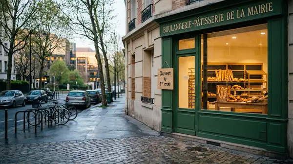 Un commerçant ajuste l'enseigne 'Ouvert' de sa boutique le 1er mai, symbolisant la décision économique derrière l'ouverture des commerces ce jour férié, malgré les traditions du 1er mai commerce.