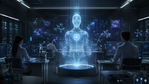 Illustration éditoriale réaliste représentant Inherent IA et son agent scientifique Faraday dans un laboratoire de recherche en intelligence artificielle, avec une entité holographique centrale, des chercheurs, des écrans d’analyse scientifique, des modèles moléculaires, des données expérimentales et des infrastructures de calcul, pour illustrer les performances annoncées de Faraday face à Claude Opus 4.8 d’Anthropic et GPT-5.5 d’OpenAI sur le benchmark de réplication scientifique Replica.