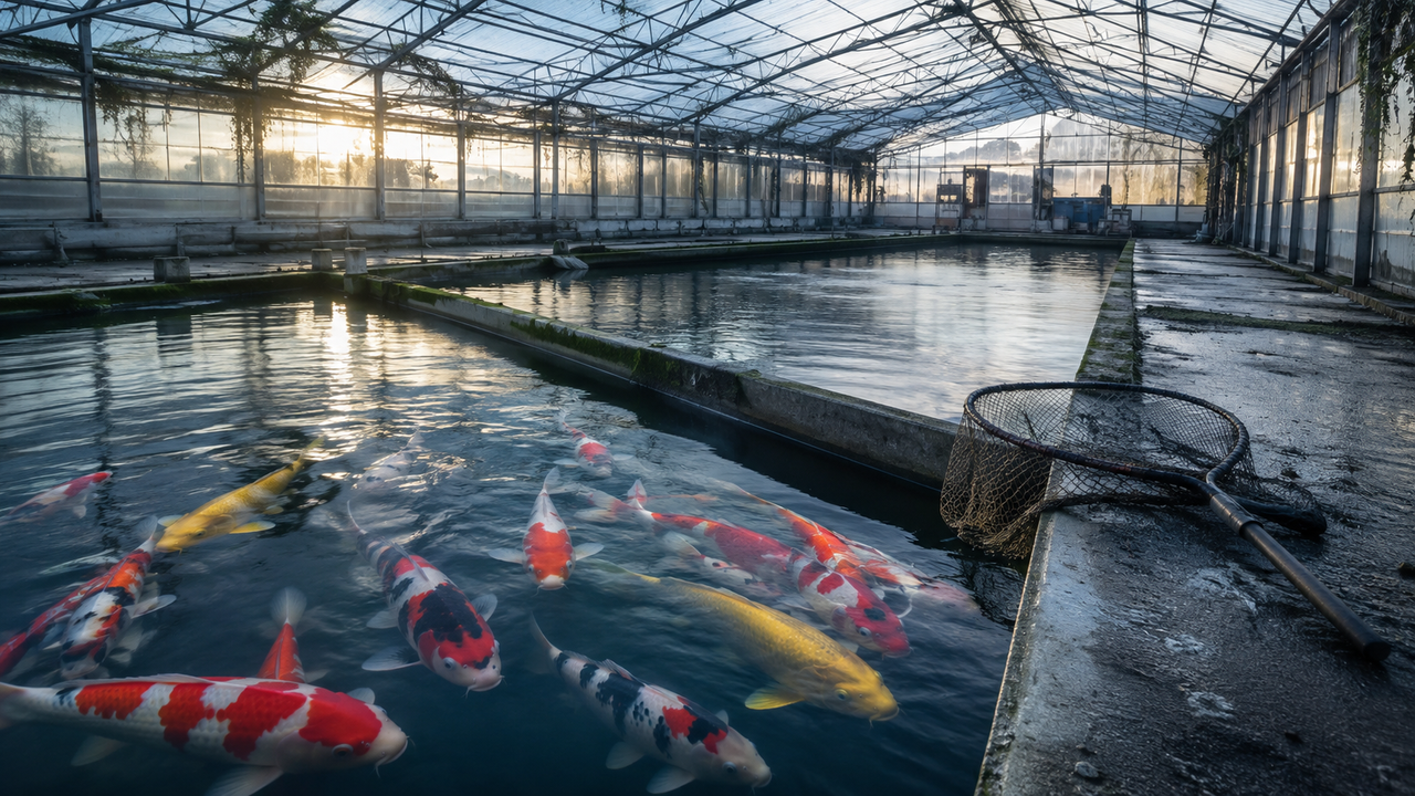 Carpes koï dans un bassin d’élevage professionnel, illustration du vol survenu dans l’Oise.