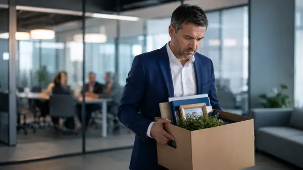 Dirigeant français quittant son entreprise avec un carton après une perte d’activité, illustration des 33 341 chefs d’entreprise ayant perdu leur emploi au premier semestre 2026 en France, en hausse de près de 7 % sur un an selon l’Observatoire GSC-Altares.