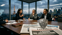 Illustration du conflit juridique opposant 53 journaux français au navigateur Brave sur fond de presse numérique.