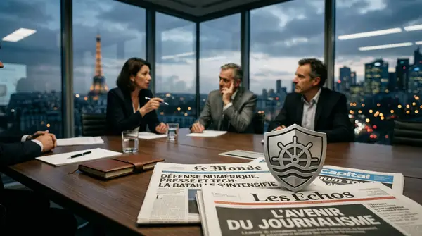 Illustration du conflit juridique opposant 53 journaux français au navigateur Brave sur fond de presse numérique.