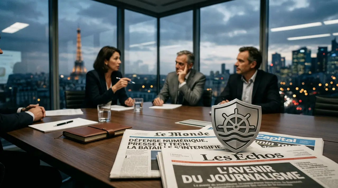 Illustration du conflit juridique opposant 53 journaux français au navigateur Brave sur fond de presse numérique.