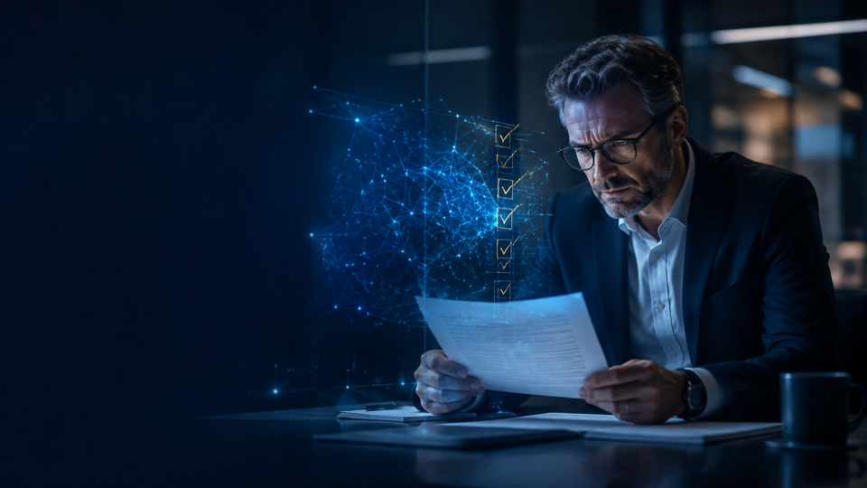 Dirigeante de PME comparant plusieurs solutions d’intelligence artificielle sur une interface numérique.