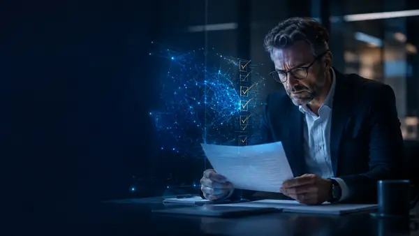 Dirigeante de PME comparant plusieurs solutions d’intelligence artificielle sur une interface numérique.