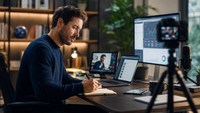 Infopreneur préparant une formation en ligne dans un bureau équipé d’un ordinateur, d’une caméra, d’un microphone et d’outils d’analyse.
