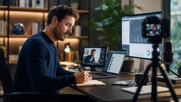 Infopreneur préparant une formation en ligne dans un bureau équipé d’un ordinateur, d’une caméra, d’un microphone et d’outils d’analyse.