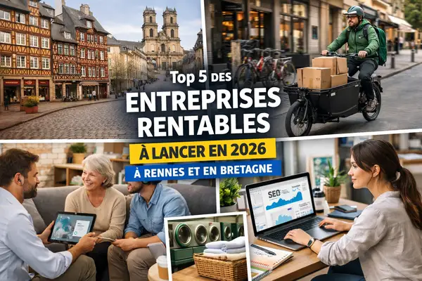Illustration d'un entrepreneur souriant devant la skyline de Rennes, symbolisant une entreprise rentable à Rennes et en Bretagne en 2026.