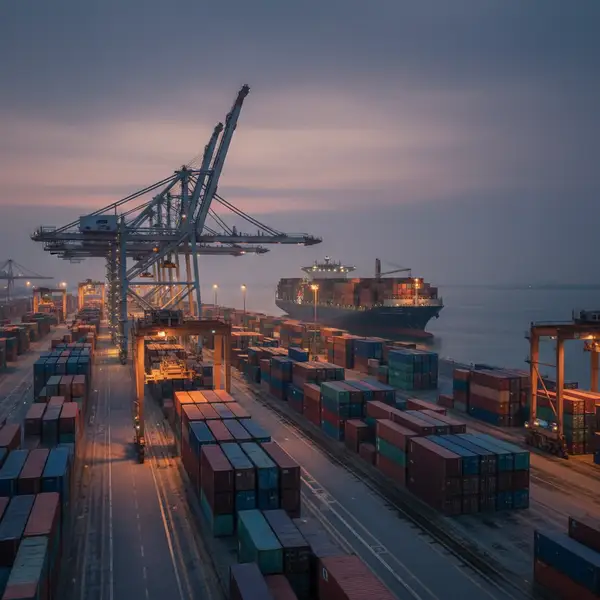 Un porte-conteneurs quittant un port, symbolisant les enjeux commerciaux de l'Accord UE-Mercosur pour les PME françaises en 2026.
