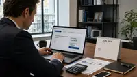 Dirigeant consultant sur son ordinateur l’avis de paiement de l’acompte de CFE 2026, avec l’échéance du 15 juin indiquée sur un calendrier.